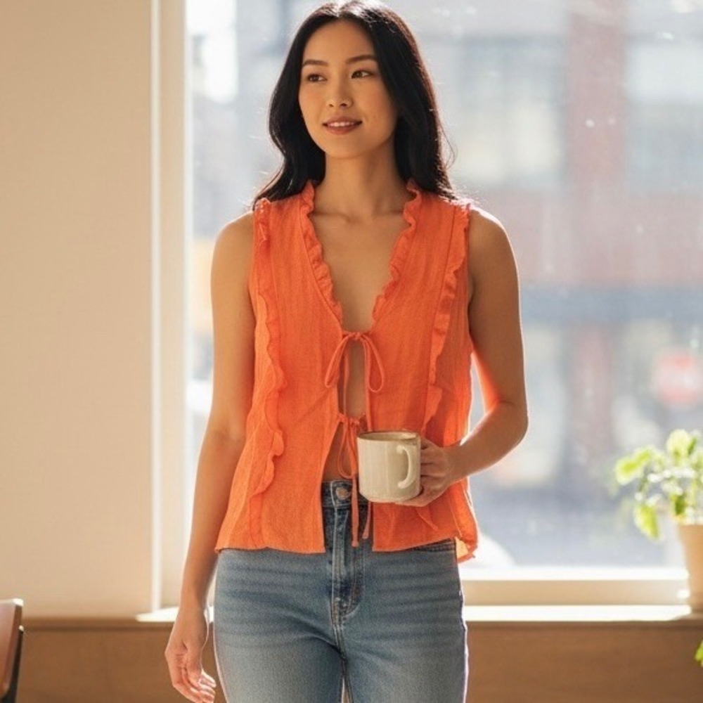 Musera Women's Orange Ruffle Tie Front Top Blouse Size XL (See Measurements) NWT